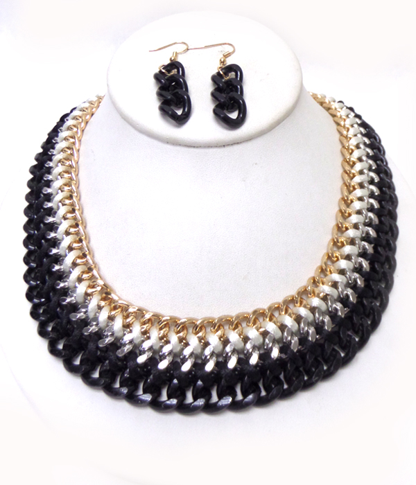 3 row mixed metal chain necklace set