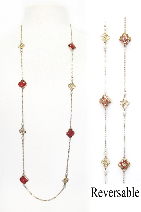 Designer style double sided quatrefoil long station necklace