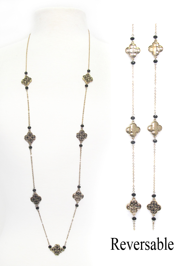 Designer style double sided quatrefoil long station necklace