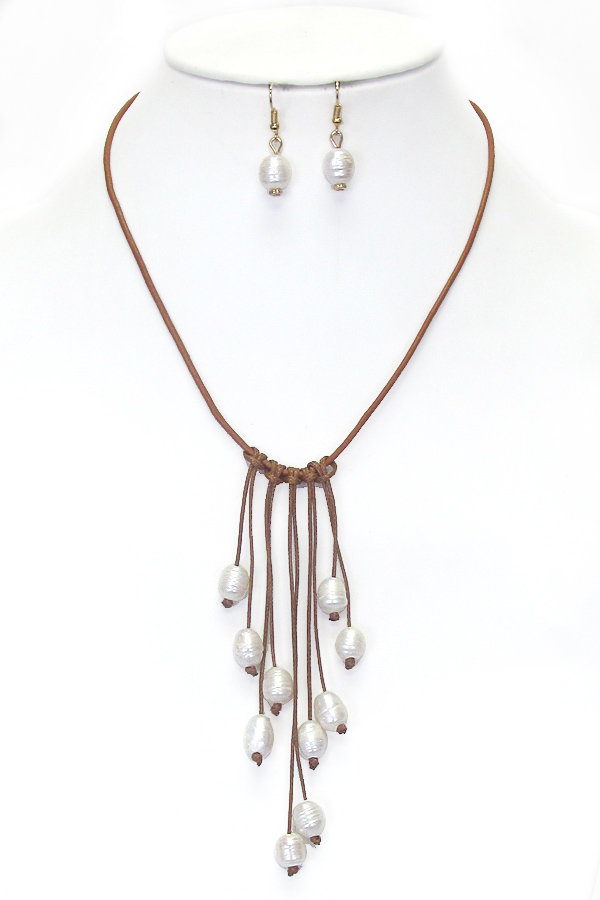 MULTI FRESHWATER PEARL DROP LEATHERETTE CORD NECKLACE SET