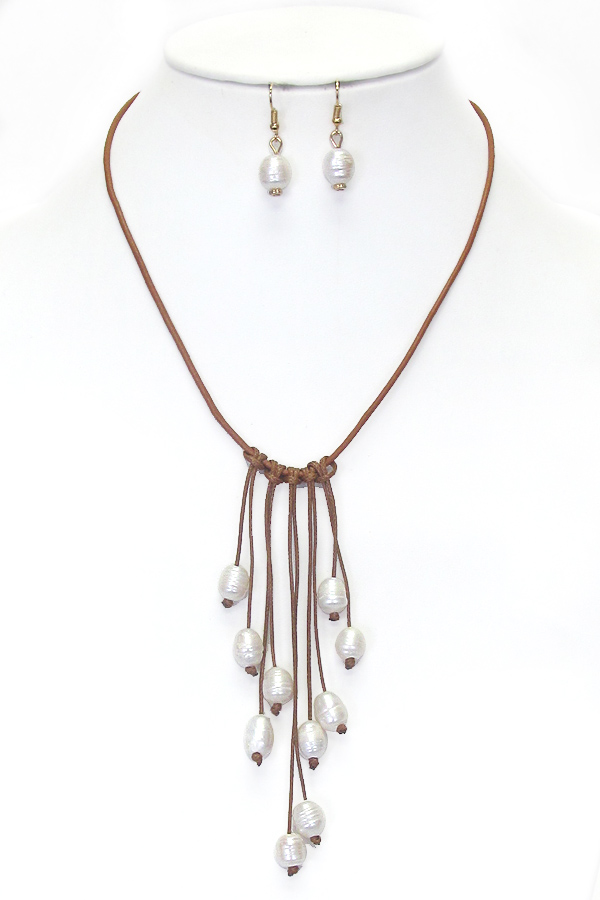 Multi freshwater pearl drop leatherette cord necklace set