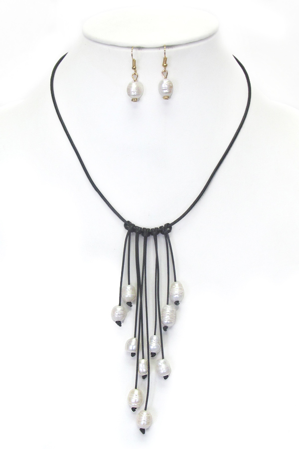 MULTI FRESHWATER PEARL DROP LEATHERETTE CORD NECKLACE SET