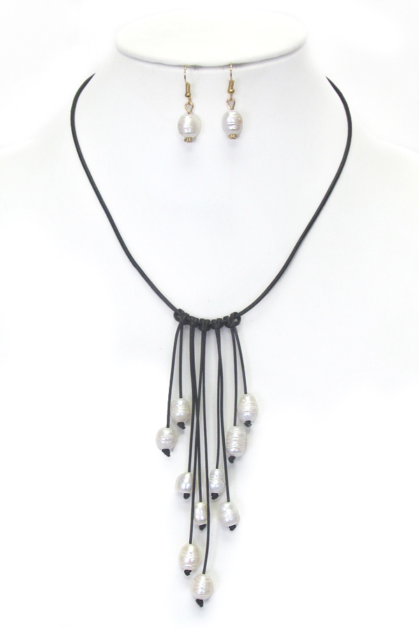 Multi freshwater pearl drop leatherette cord necklace set