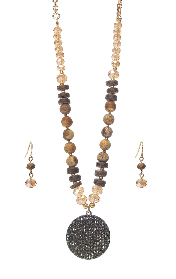 CRYSTAL PAVED DISC PENDANT AND MULTI BEAD MIX NECKLACE SET