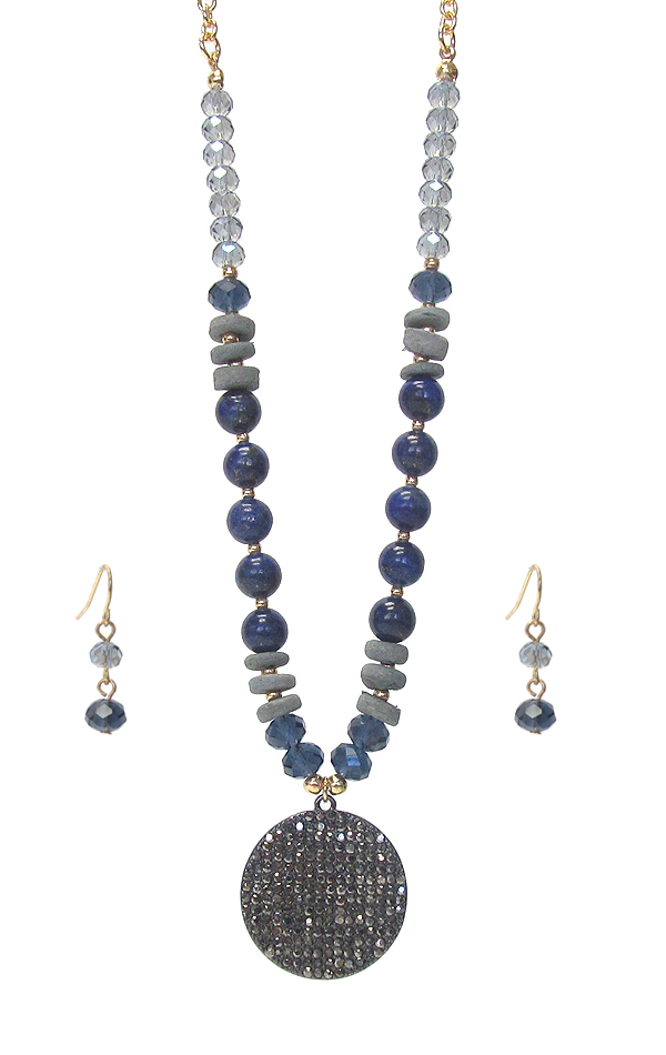 Crystal paved disc pendant and multi bead mix necklace set