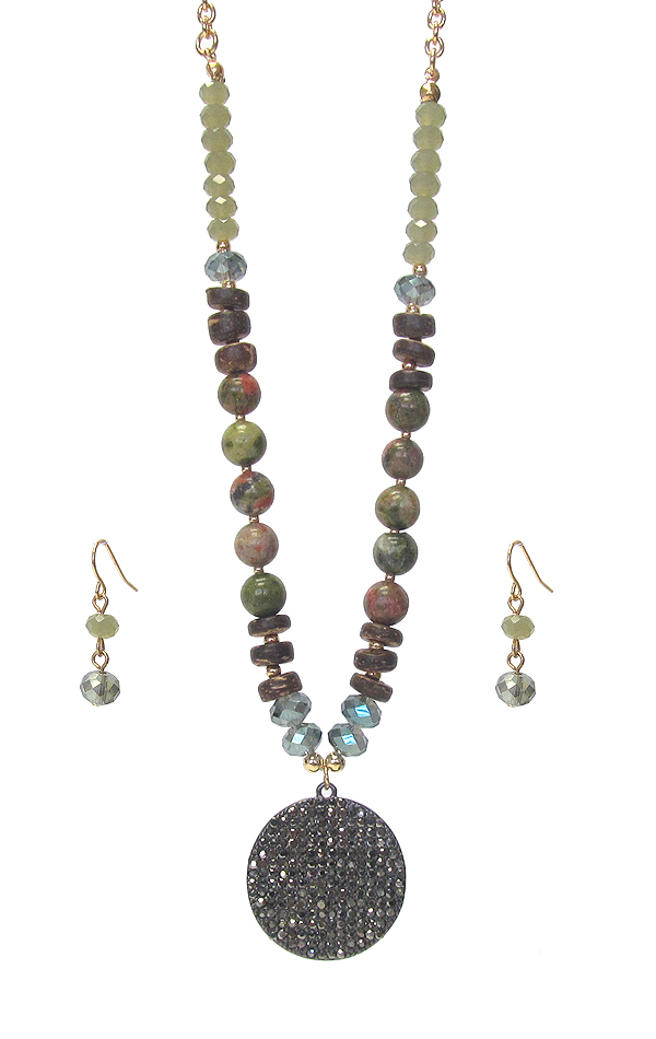Crystal paved disc pendant and multi bead mix necklace set