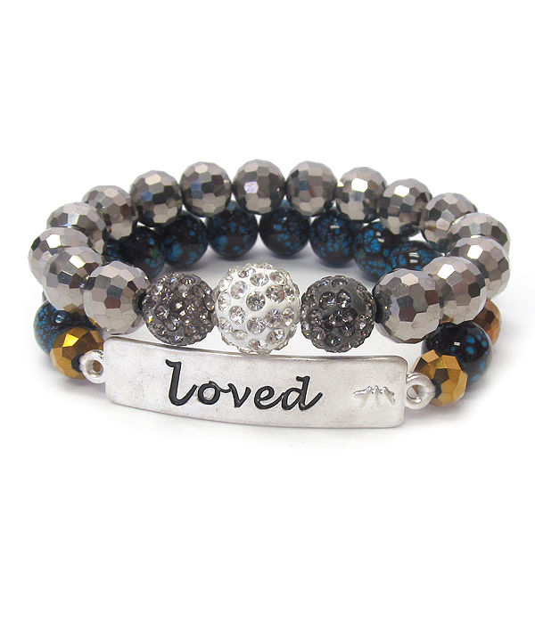 Religious inspiration crystal fireball and facet bead double stretch bracelet - loved