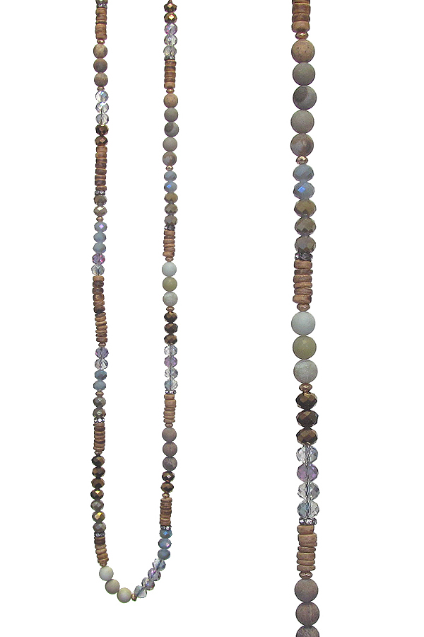 Facet glass and wood bead mix long necklace