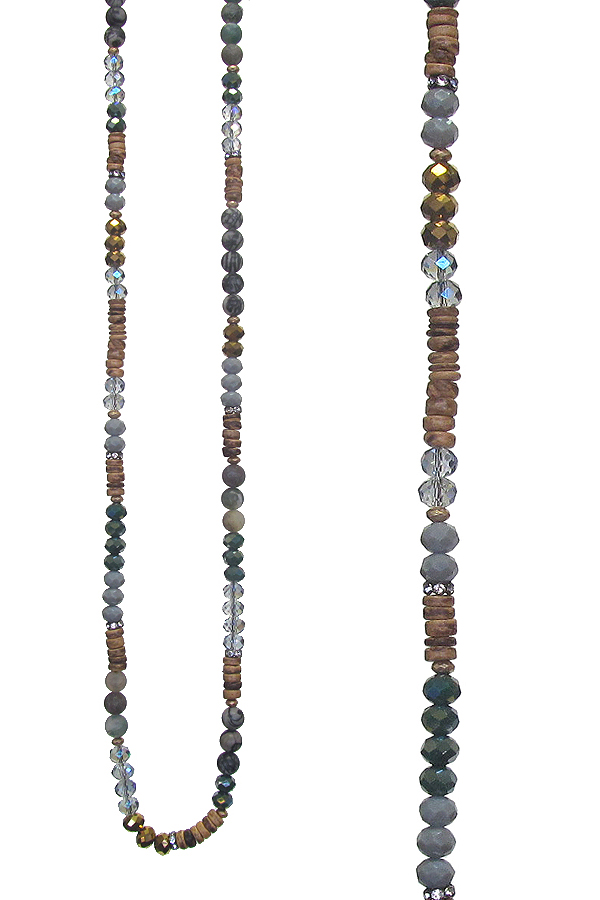 FACET GLASS AND WOOD BEAD MIX LONG NECKLACE