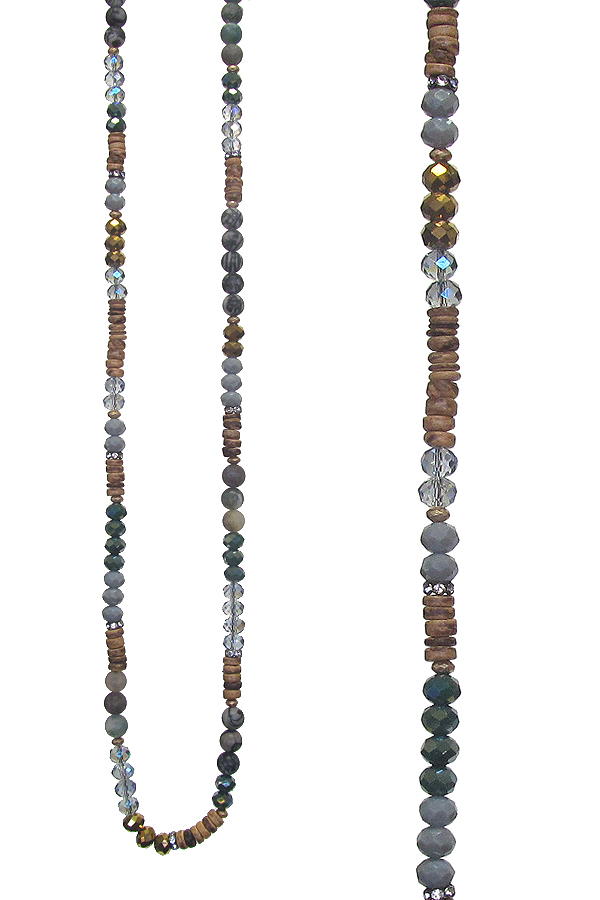 Facet glass and wood bead mix long necklace