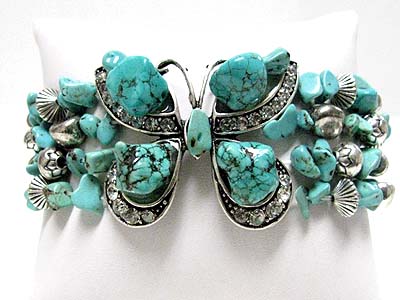 Natural chip stone and crystal butterfly stretch bracelet