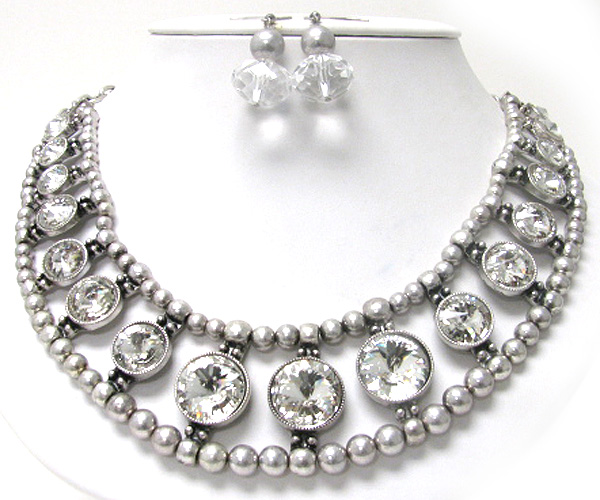 Crystal stone deco double line metal beads link necklace earring set