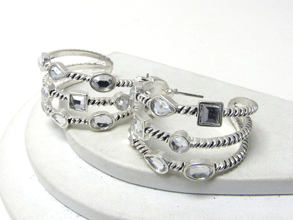 Multi shape crystal deco three layered hoop earrings - hoops