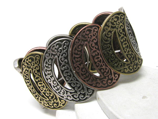 Multi metal filigree crescent link stretch bracelet