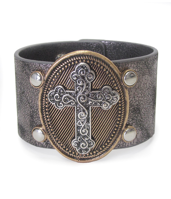 Chunky cross and thick leatherette band bracelet