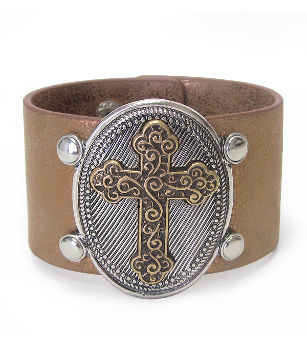 Chunky cross and thick leatherette band bracelet