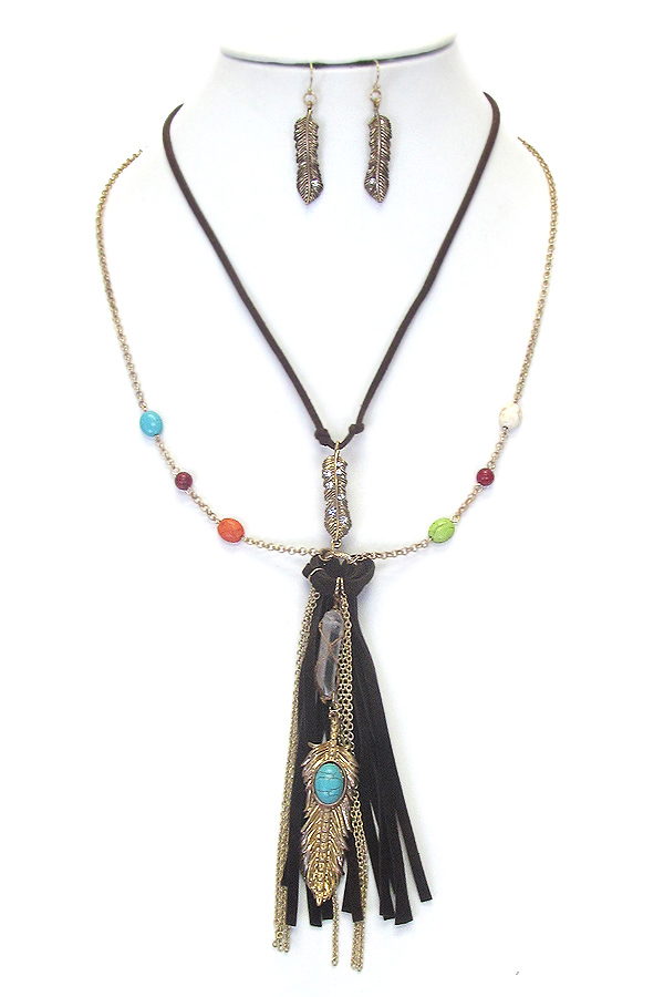 BOHEMIAN STYLE LONG FEATHER AND TASSEL DROP DOUBLE LAYER NECKLACE SET