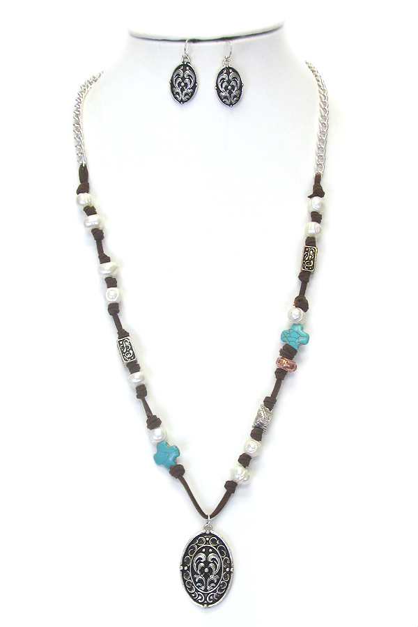 Freshwater pearl and turquoise cross mix leatherette long necklace set