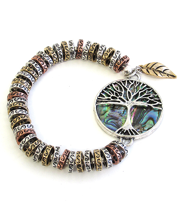 ABALONE TREE OF LIFE MULTI METAL RING STRETCH BRACELET