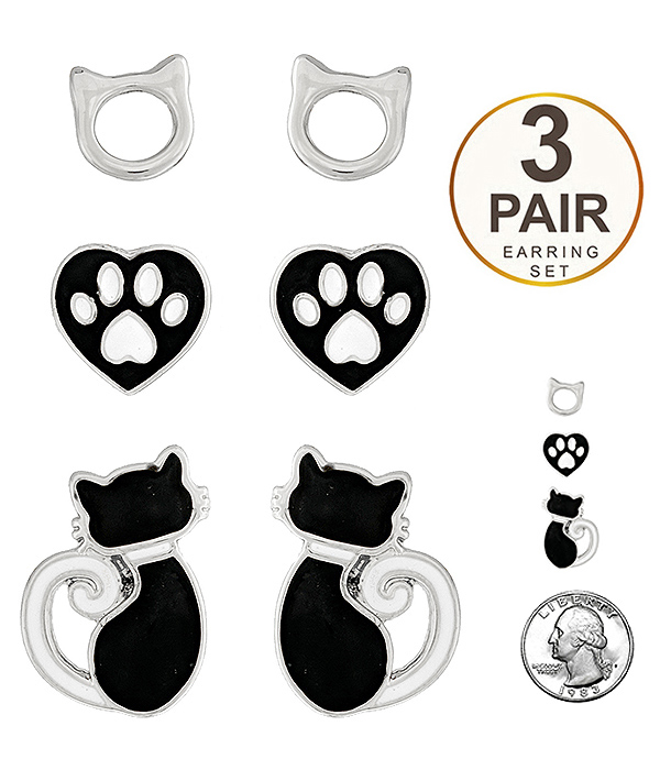 PET LOVERS THEME 3 PAIR EARRING SET - CAT