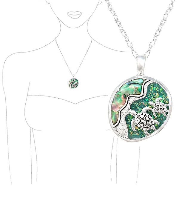 SEALIFE THEME OPAL AND ABALONE MIX PENDANT NECKLACE - TURTLE