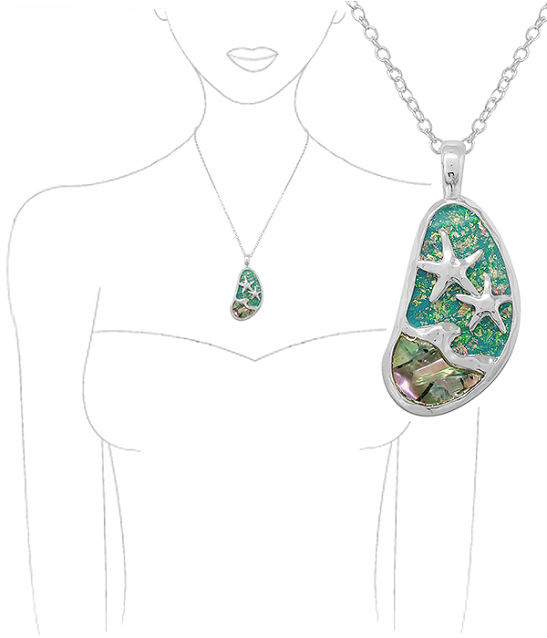 SEALIFE THEME OPAL AND ABALONE MIX PENDANT NECKLACE - STARFISH