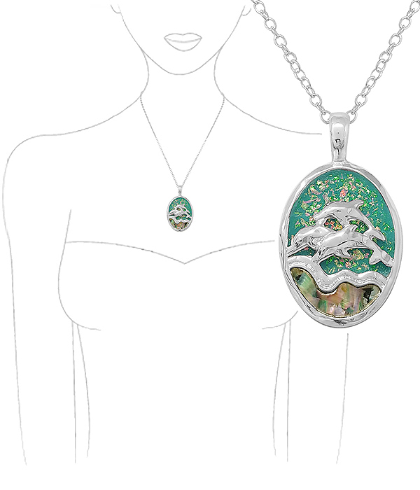 SEALIFE THEME OPAL AND ABALONE MIX PENDANT NECKLACE - DOLPHIN
