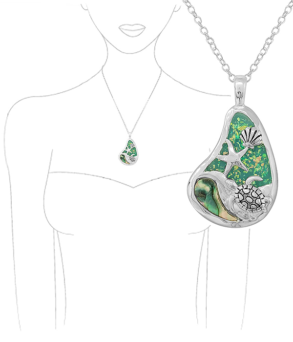 SEALIFE THEME OPAL AND ABALONE MIX PENDANT NECKLACE - TURTLE STARFISH