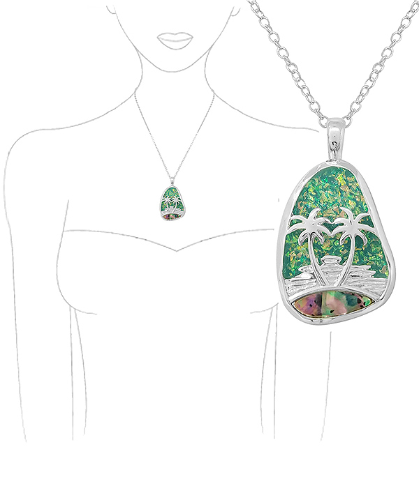 TROPICAL THEME OPAL AND ABALONE MIX PENDANT NECKLACE - PALM TREE