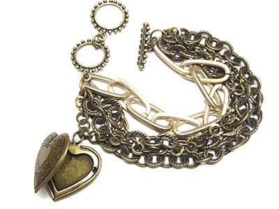 Multi metal chain and heart locket charm bracelet
