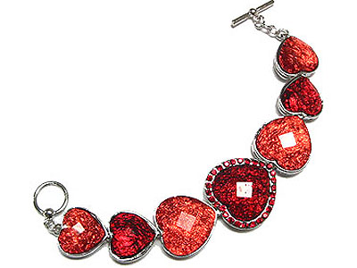 Crystal and epoxy stone heart shape toggle bracelet