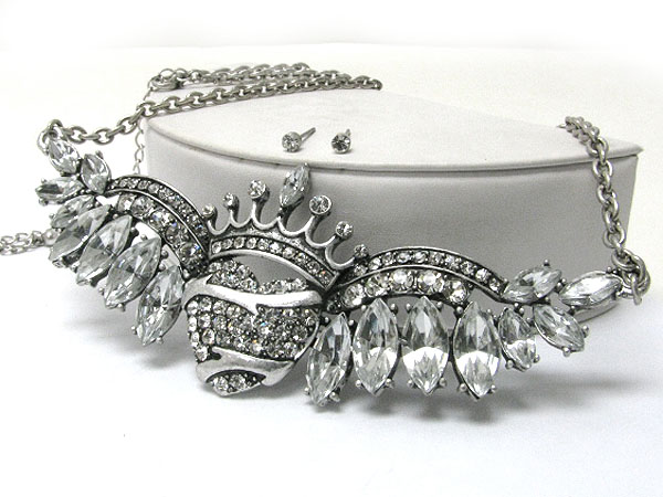 Large crystal stud feather wing crown heart tied necklace earring set