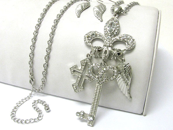 Crystal stud fleur de lis and key wing and cross dangle long chain necklace earring set