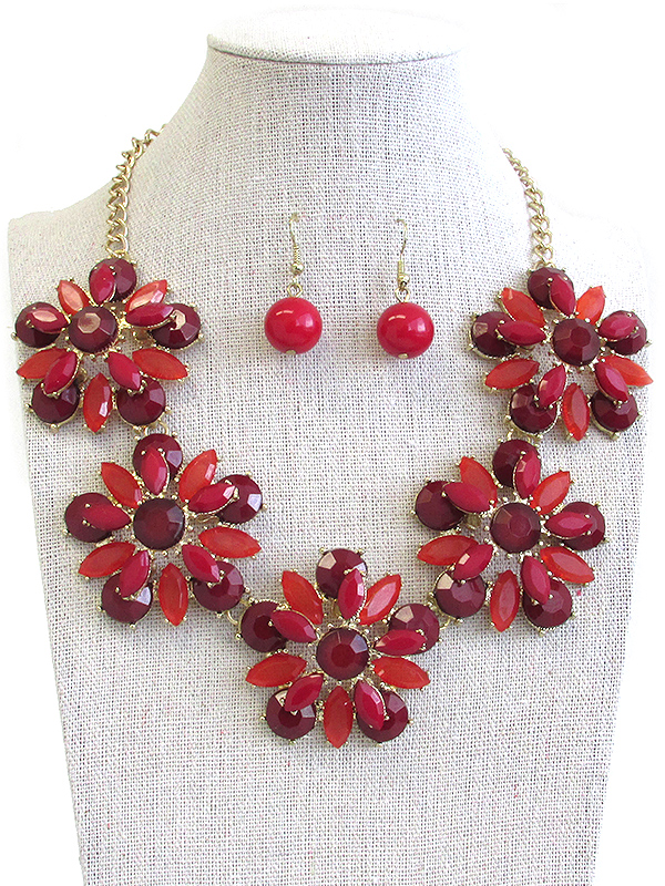 Multi facet stone deco flower link necklace earring set