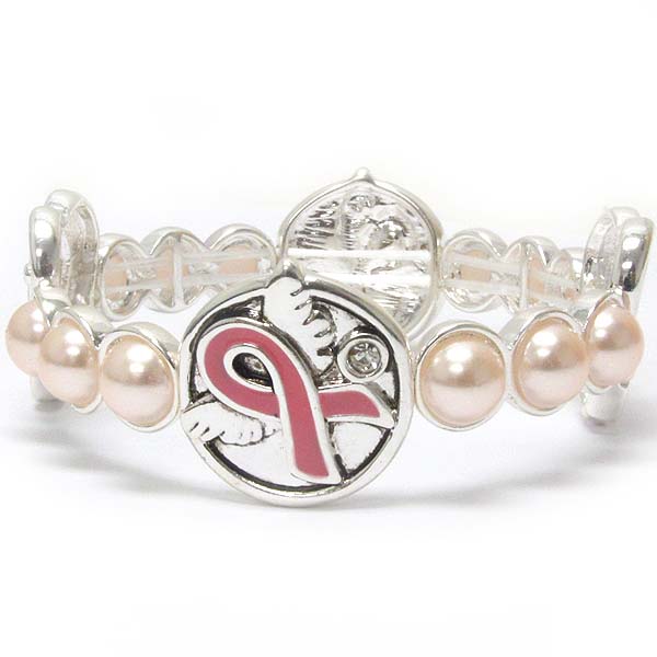 Crystal and pearl deco pinkribbon bow and angel wing stretch bracelet