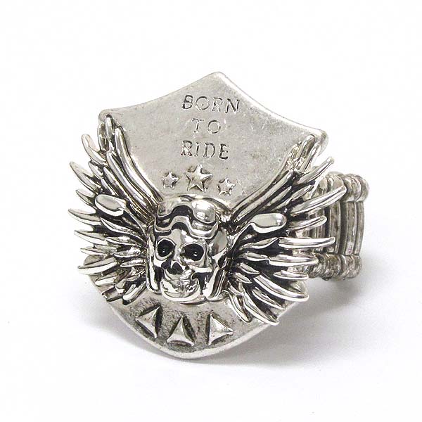 Skull and wing deco born to ride  bikers stretch ring