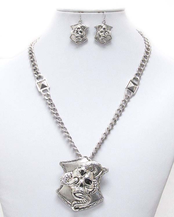Skull and snake deco pendant bikers necklace earring set