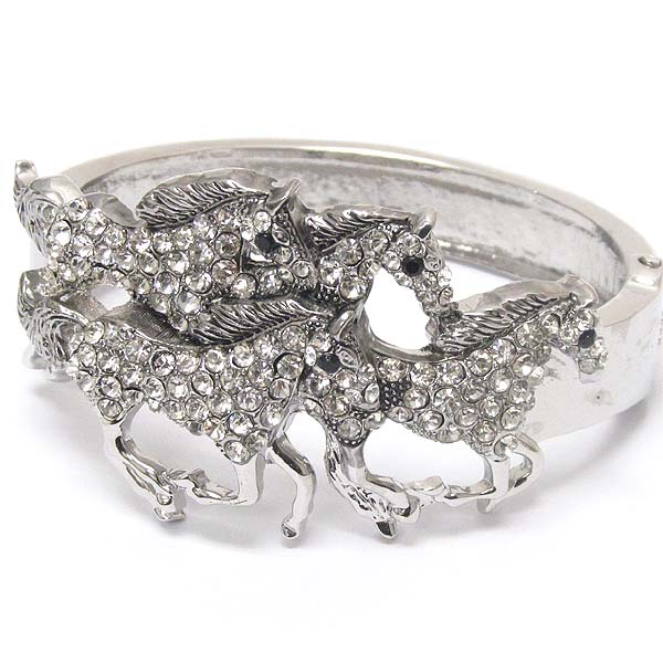 Crystal deco 4 running horses hinge bangle bracelet