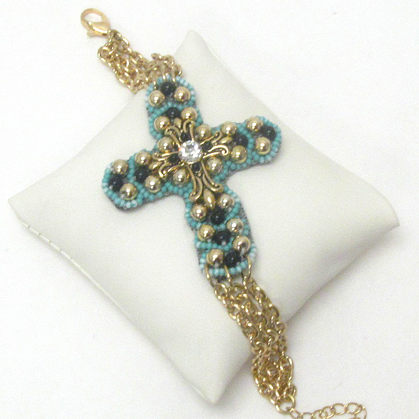 CRYSTAL AND METAL BALL DECO ON LEATHERETTE CROSS CHAIN BRACELET