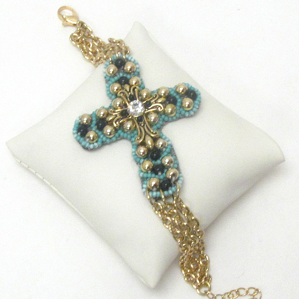 Crystal and metal ball deco on leatherette cross chain bracelet