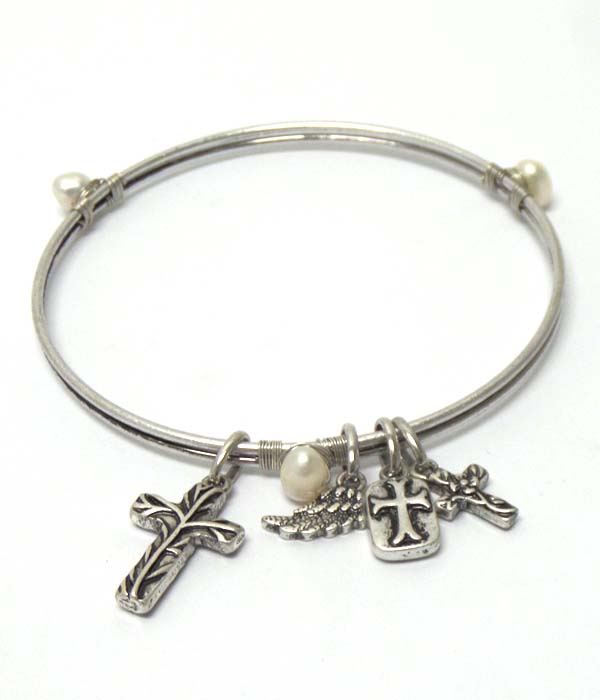 Metal charm with cross word bangle bracelet