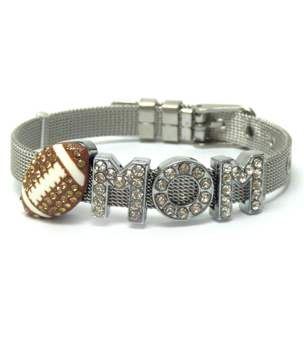 Crystal football mom on mesh band bracelet