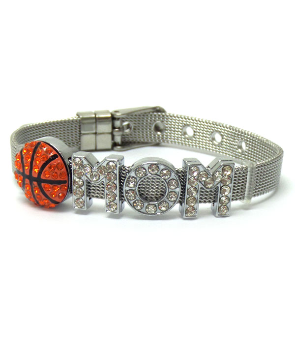 Crystal basketball mom on mesh band bracelet