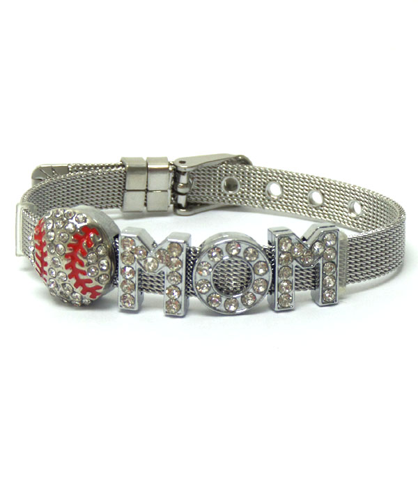 Crystal baseball mom on mesh band bracelet