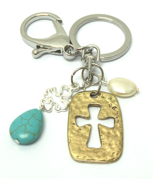 Handmade cross and pearl key chain
