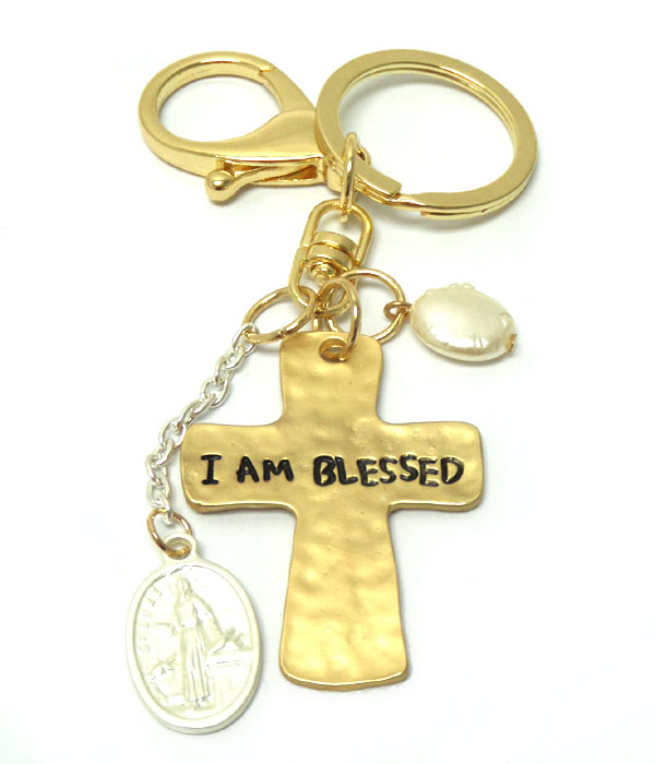 Handmade cross and pearl key chain