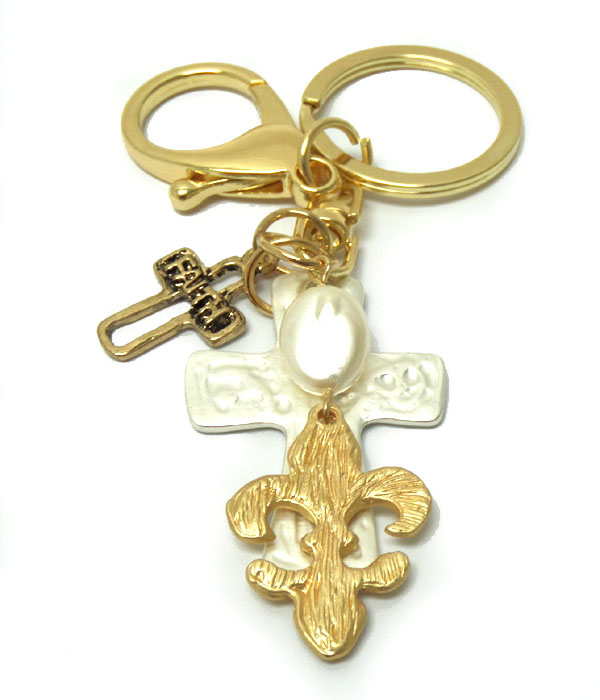 Handmade cross and pearl key chain