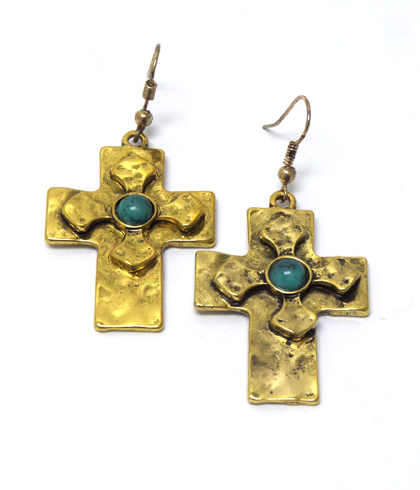 Metal cross with stone fish hook earrings 