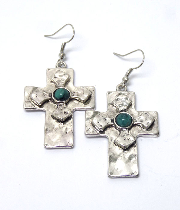 Metal cross with stone fish hook earrings 
