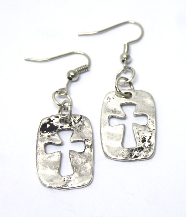 Metal texture cross with fish hook earrings 